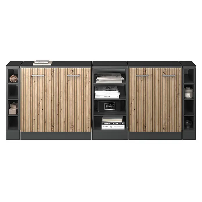 Küchenschrank für Dachschrägen R-Line 210 cm Artisan-Eiche Art.-Nr. 60140 -  - Modulares dunkelgraues Schranksystem mit hellen Holzlamellentüren und offenen Regalen für Bücher und Dekoration.