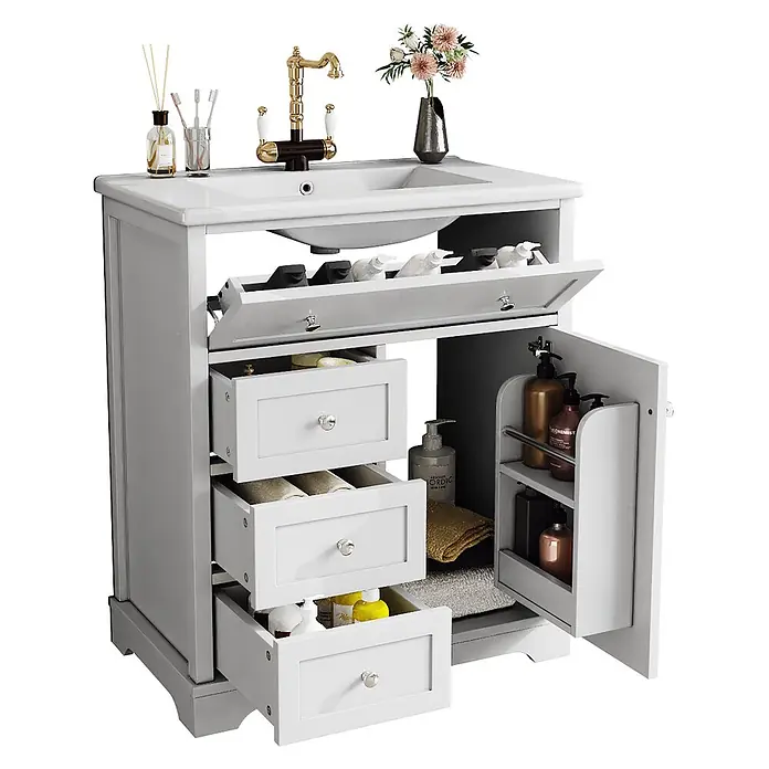 SONNENH Badmöbel-Set mit Klappschublade, 76 x 46 cm, Weiß -  - Weißer Badezimmerschrank mit Waschbecken, goldenem Wasserhahn, offenen Schubladen und Toilettenartikeln.