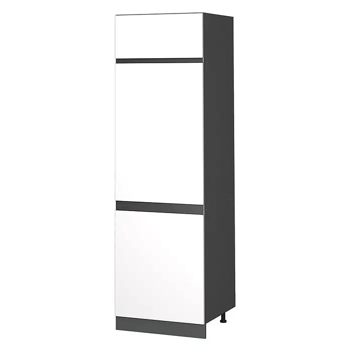 Küchenfront R-Line 59.6 cm Weiß Art.-Nr. 39533 -  - Hoher weißer Vorratsschrank mit zwei Türen, dunkelgrauen Seiten, zwei horizontalen dunkelgrauen Griffleisten und kleinen Füßen.
