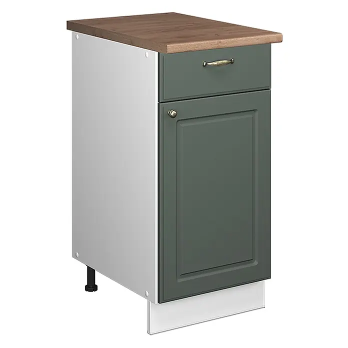 Küchenunterschrank Fame-Line 40 cm Grün-Gold Landhaus Art.-Nr. 60910 -  - Küchenunterschrank mit Holzarbeitsplatte, dunkelgraugrüner Schublade und Tür mit Messinggriffen, weißer Seitenwand und Sockelleiste.
