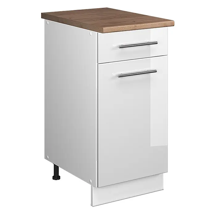 Küchenunterschrank Fame-Line 40 cm Weiß Hochglanz Art.-Nr. 60938 -  - Weißer Hochglanz-Küchenunterschrank mit zwei Schubladen und Holzoptik-Arbeitsplatte.