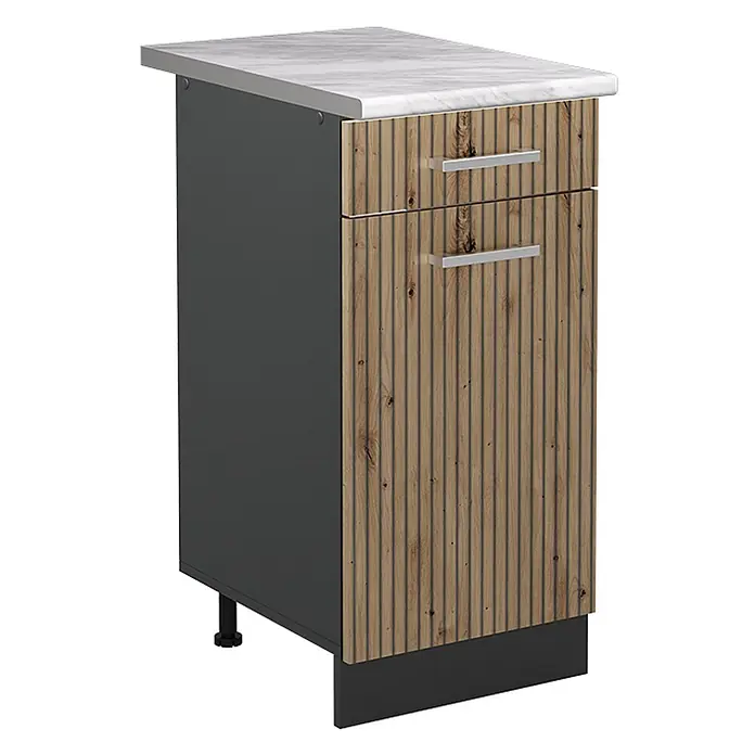 Küchenunterschrank R-Line 40 cm Artisan-Eiche Art.-Nr. 61024 -  - Dunkelgrauer Küchenunterschrank mit Marmor-Arbeitsplatte, zwei geriffelten Holzschubladen und silbernen Griffen, auf verstellbaren Füßen.