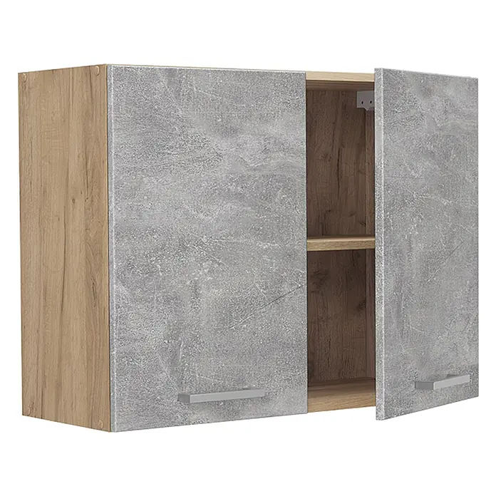 Küchenglasschrank R-Line 80 cm Beton Art.-Nr. 71474 -  - Wandschrank mit Holz-Optik Korpus und grauen Beton-Optik Türen, eine geöffnet mit Regal.