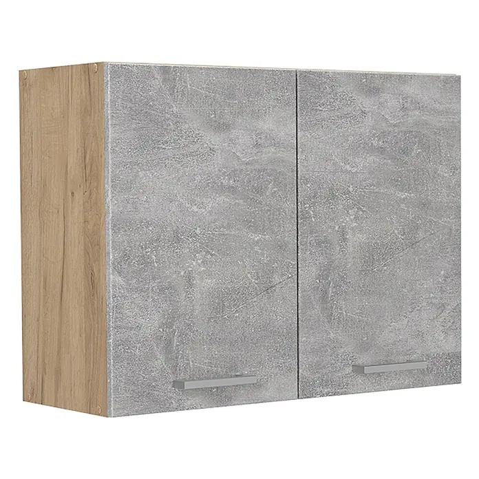 Küchenglasschrank R-Line 80 cm Beton Art.-Nr. 71474 -  - Hängeschrank mit grauen Betonoptik-Türen und einer hellen Holzoptik-Seite, mit zwei silbernen Griffen.