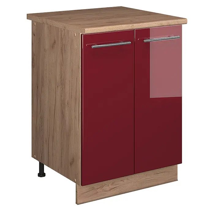 Spülenunterschrank Fame-Line 60 cm Bordeaux Hochglanz Art.-Nr. 65226 -  - Kleiner Küchenunterschrank mit Holzoptik-Platte und -Seiten, zwei glänzenden roten Türen und Chromgriffen.