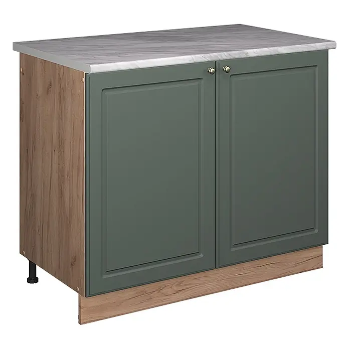 Spülenunterschrank Fame-Line 100 cm Grün-Gold Landhaus Art.-Nr. 61967 -  - Grüner Küchenunterschrank mit Marmoroptik-Arbeitsplatte, Holz-Seiten und Messingknöpfen.