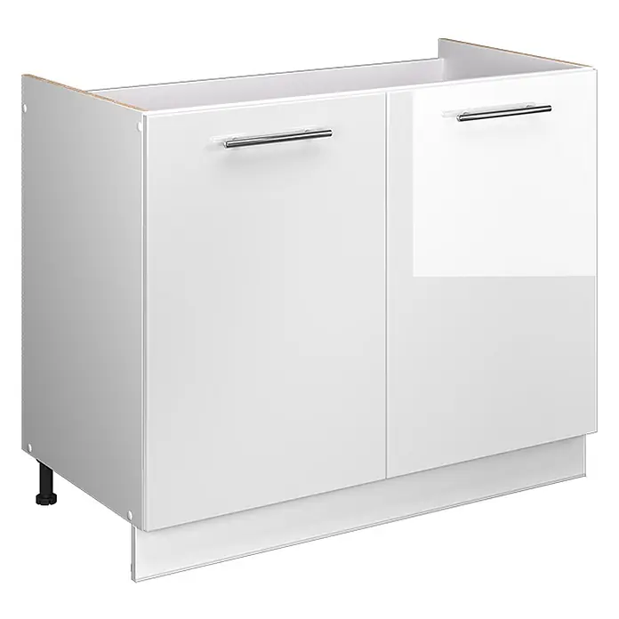 Spülenunterschrank Fame-Line 100 cm Weiß Hochglanz Art.-Nr. 61593 -  - Weißer Küchenunterschrank mit zwei Türen (eine glänzend), Chromgriffen und verstellbaren Füßen.