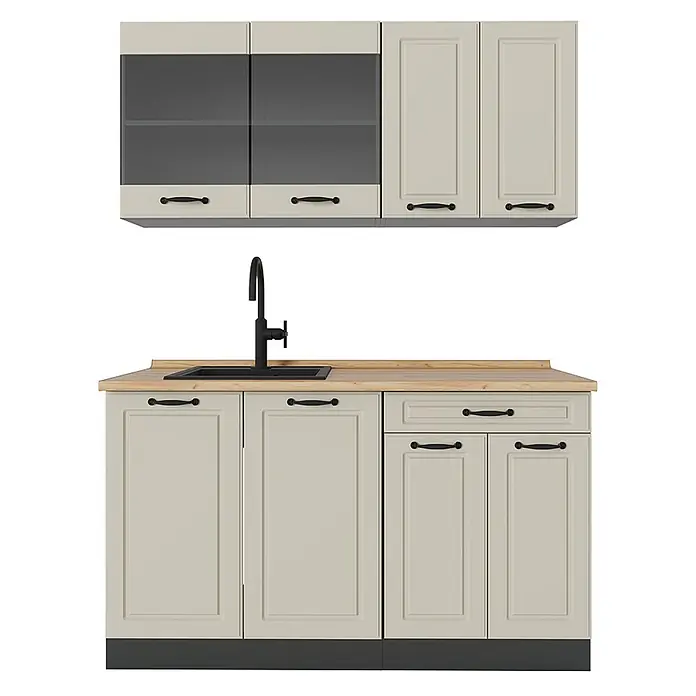 Singleküche R-Line 140 cm Sand Landhaus Art.-Nr. 71029 -  - Beige Küchenschränke mit schwarzen Griffen, schwarzem Spülbecken und Holzplatte.