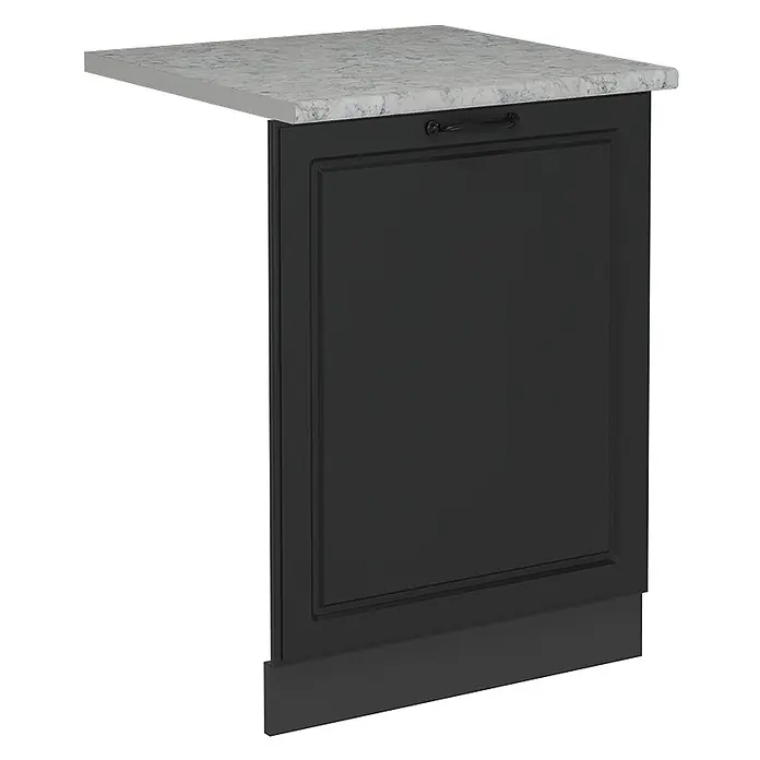 Geschirrspülblende R-Line 60 cm Anthrazit Landhaus Art.-Nr. 55150 -  - Schwarze Schrank-Endplatte mit heller Marmor-Arbeitsplatte und schwarzem Griff.