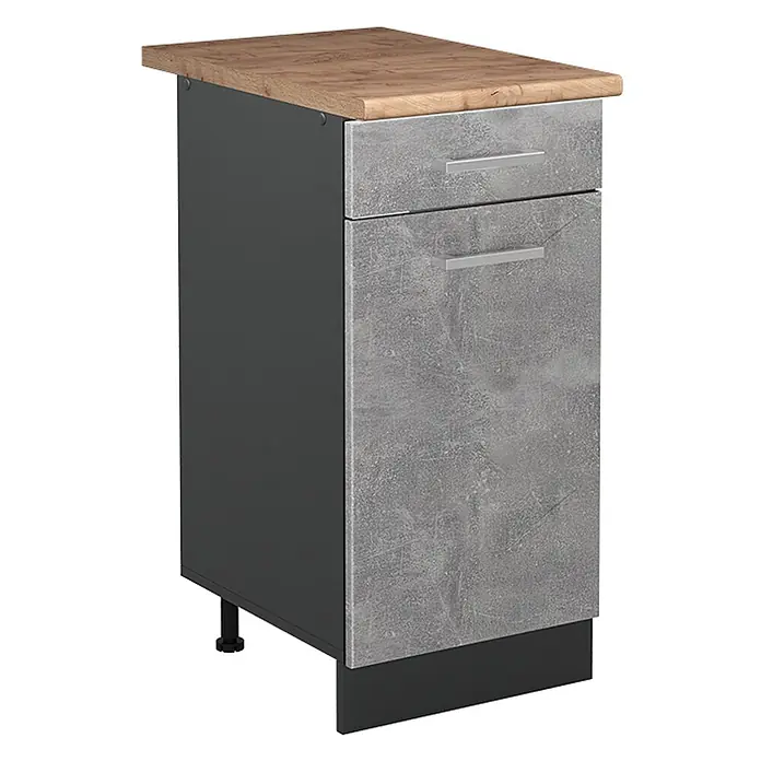 Küchenunterschrank R-Line 40 cm Beton Art.-Nr. 61027 -  - Küchenunterschrank mit zwei Schubladen, Holzplatte, dunkelgrauem Korpus und Beton-Optik-Fronten.