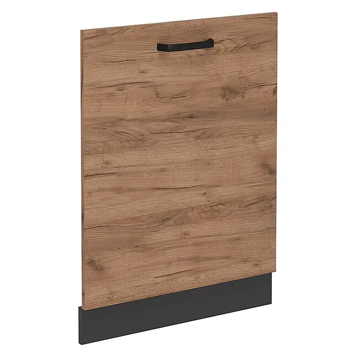 Geschirrspülblende R-Line 60 cm Goldkraft Eiche Art.-Nr. 54458 -  - Hellbraune Schranktür in Holzoptik mit schwarzem Griff und dunkelgrauem Sockel.