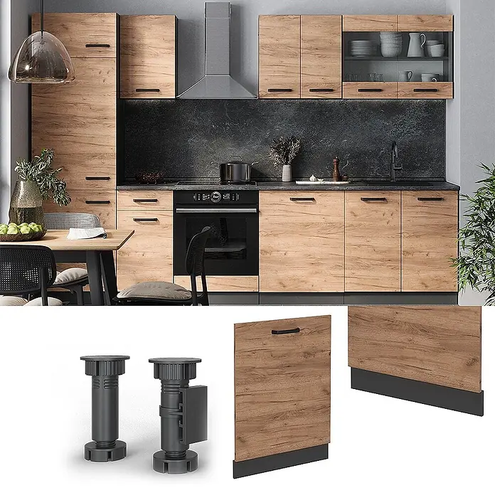 Geschirrspülblende R-Line 60 cm Goldkraft Eiche Art.-Nr. 54458 -  - Verstellbare Kunststofffüße und eine helle Küchenschrank-Sockelblende, gezeigt in einer modernen Küchenumgebung.