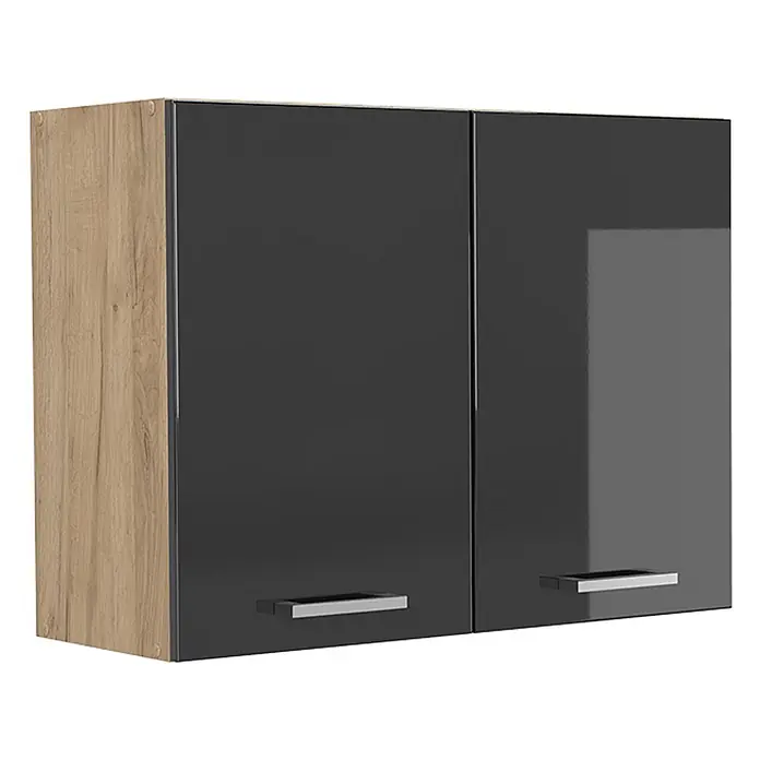 Küchenglasschrank R-Line 80 cm Anthrazit Hochglanz Art.-Nr. 71472 -  - Wandschrank mit zwei Türen, glänzend anthrazitfarbenen Fronten und heller Holzoptik-Seitenwand, mit silbernen Griffen.