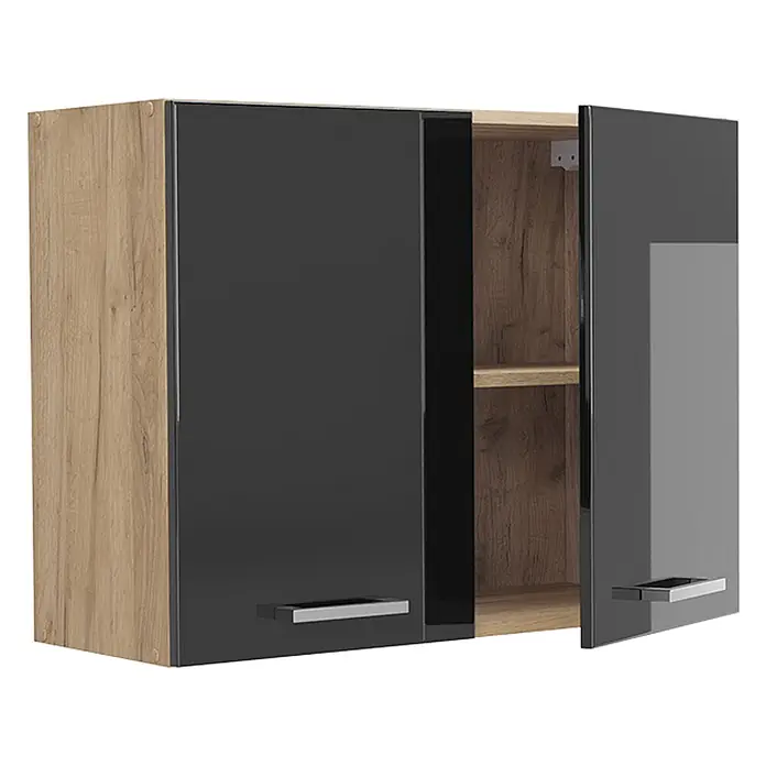 Küchenglasschrank R-Line 80 cm Anthrazit Hochglanz Art.-Nr. 71472 -  - Zweitüriger Hängeschrank mit glänzenden schwarzen Fronten und Holzmaserung an Seiten/Innenraum, eine Tür leicht geöffnet, zeigt Innenregal.