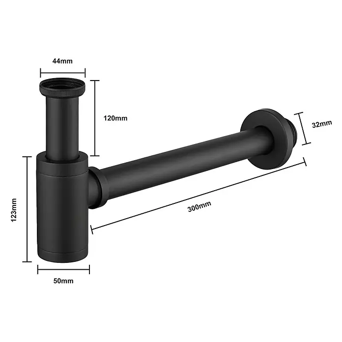 LOMAZOO Ablaufsiphon 44 mm Schwarz matt -  - Mattschwarzer Flaschensiphon für Waschbecken oder Spüle, modernes Design mit deutlich markierten Maßen für Höhe, Länge und Rohrdurchmesser.