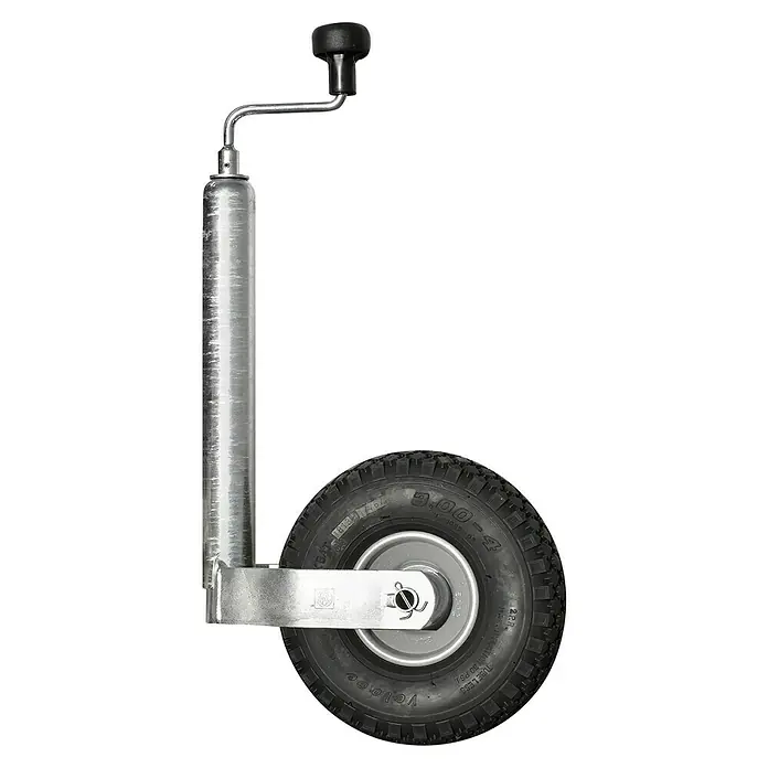 Stützrad - Mit Luftreifen, Traglast: 150 kg - Das Bild zeigt ein Stützrad mit Kurbel und Vollgummireifen. Ideal zum einfachen Manövrieren von Anhängern und Wohnwagen.