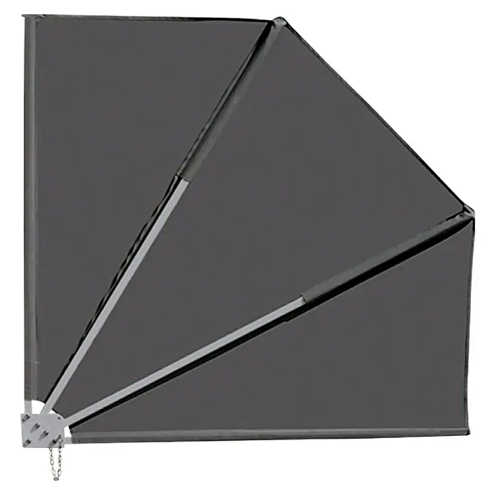 Sunfun Abanico para balcón - Antracita, 1,4 x 1,4 m - Vista detallada de un toldo moderno gris oscuro con soportes metálicos, ideal para exteriores.
