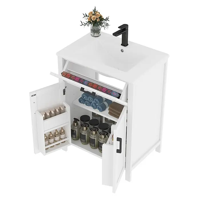 SONNENH Badmöbel-Set, MDF und Keramik, 60 x 46 cm, Weiß -  - Weißer Badezimmerschrank mit Waschbecken und schwarzem Wasserhahn, offene Schränke zeigen Toilettenartikel und gerollte Handtücher.