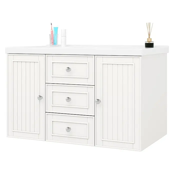SONNENH Badmöbel-Set, Metall und MDF und Keramik, 78.5 x 46 cm, Weiß -  - Weißer Badezimmerschrank mit Waschbecken, zwei Schranktüren im Paneel-Stil, drei gerahmten Schubladen und Toilettenartikeln obenauf.