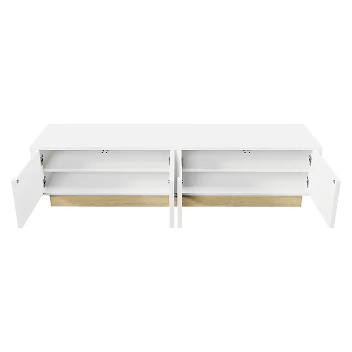 SONNENH TV-Lowboard 175 x 40 x 41,5 cm, Weiß -  - Weißer Schrank mit zwei offenen Türen, zwei Einlegeböden pro Fach und einer hellen Holzdekor-Bodenplatte.