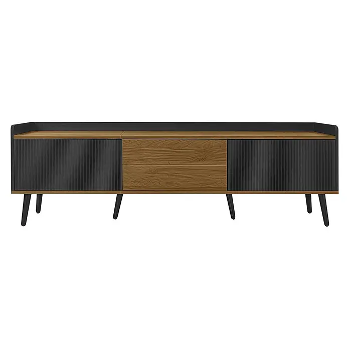 SONNENH TV-Lowboard 160 x 39 x 49,5 cm, Schwarz/Natur -  - Mid-Century Modern Sideboard mit Naturholzplatte, Zierleisten und zentralen Schubladen, schwarzen gerippten Seitentüren und schwarzen konischen Beinen.