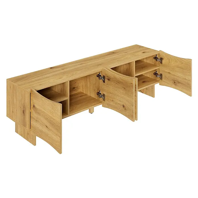 SONNENH TV-Lowboard 155 x 36 x 47 cm, Natur -  - Helles Sideboard aus Eichenholz mit offenen Fächern und geschwungenen Türen für vielseitigen Stauraum.