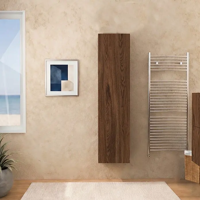KV Moderne Badhochschrank Tabak hängend, platzsparend 139 cm | Hollywood -  - Schlanker, dunkelbrauner Hängeschrank aus Holz mit sichtbarer Maserung, moderne Badaufbewahrung.