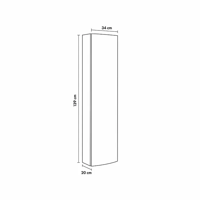 KV Moderne Badhochschrank Tabak hängend, platzsparend 139 cm | Hollywood -  - Skizze eines hohen, schmalen Schranks, 139x34x20 cm, ideal für kleine Räume.