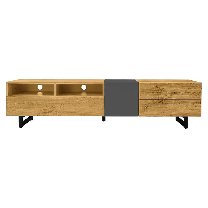 SONNENH TV-Lowboard 170 x 36,5 x 42 cm, Dunkelgrau/Natur -  - Hölzernes Medienregal in Eichenoptik mit dunkelgrauem Akzent, zwei offenen Fächern und drei Schubladen, auf schwarzen Metallbeinen.
