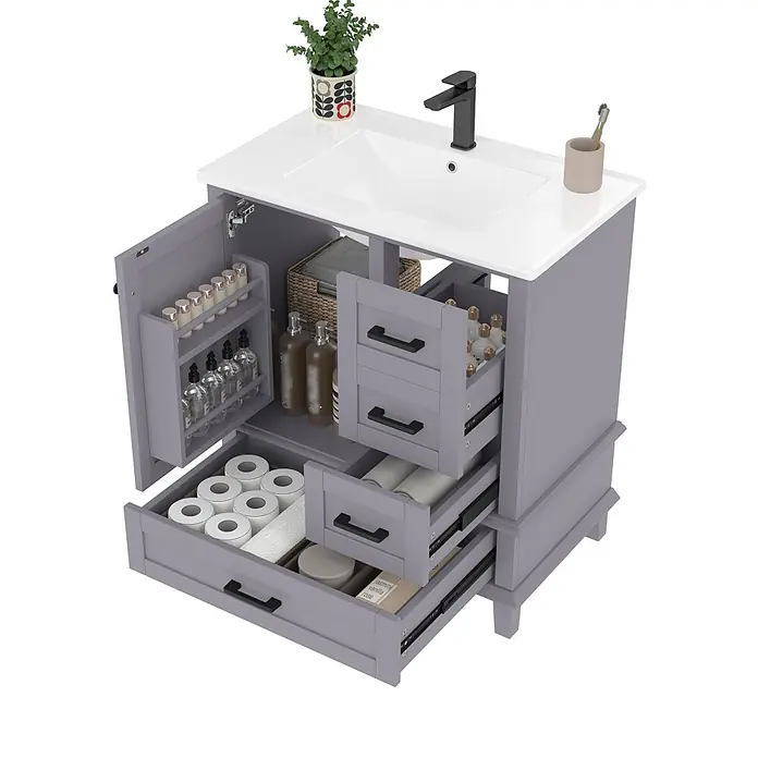 SONNENH Badmöbel-Set, MDF und Keramik, 76 x 46 cm, Grau -  - Grauer Badunterschrank mit weißem Waschbecken, schwarzem Wasserhahn und geöffnetem Stauraum für Badutensilien.