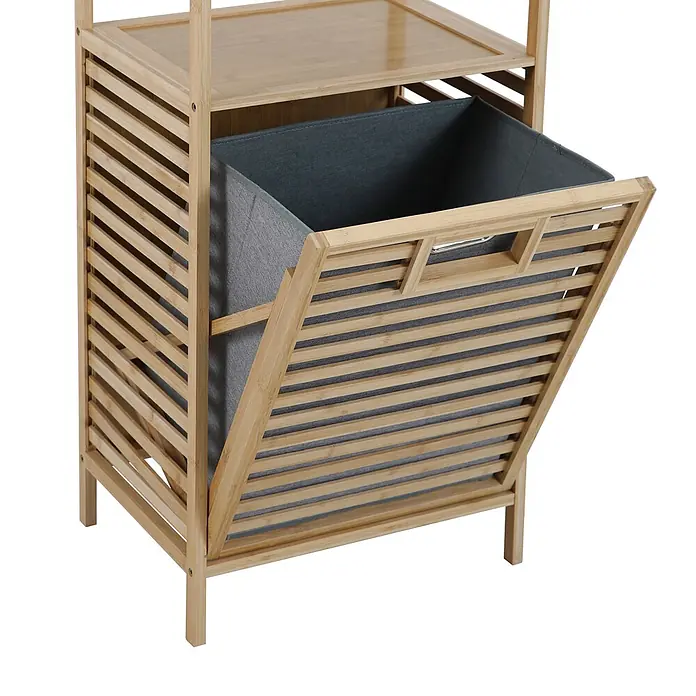 SVITA PUVI Badregal Wäschekorb Bambus Natur -  - Wäschekipper aus Bambus mit kippbarem, grauem Stoffkorb. Mit Lamellendesign und Ablagefläche oben.