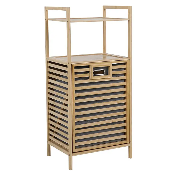 SVITA PUVI Badregal Wäschekorb Bambus Natur -  - Heller Bambus-Wäschekorb mit zwei offenen Regalböden, Lamellendesign und grauem Stoffeinsatz. Mit Metallgriff.
