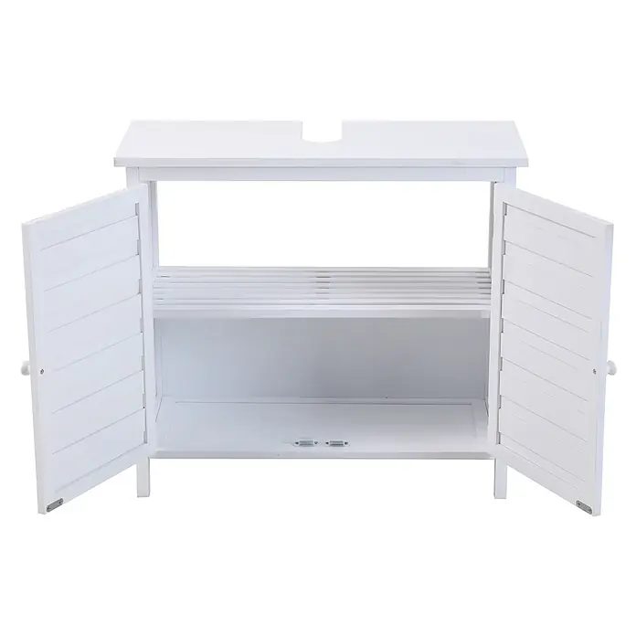 SVITA Waschbeckenunterschrank Bambus Weiß -  - Weißer Holz-Waschbeckenunterschrank mit zwei offenen Lamellentüren, der ein Lattenregal und ein festes Regal zeigt.