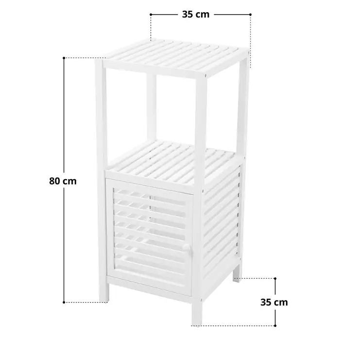 SVITA Badregal S Natur Bambus Weiß -  - Weißer Holzschrank mit Lamellendesign, zwei offenen Fächern und einer unteren Schranktür. Maße: 80x35x35 cm.