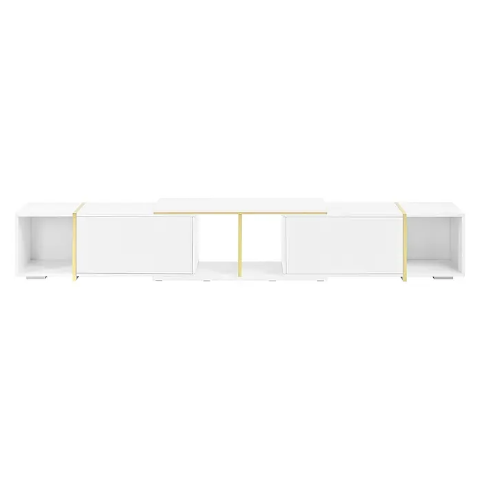 SONNENH TV-Lowboard 275 x 35 x 37 cm, Weiß -  - Weißes Mediencenter mit goldenen Akzenten, offenen Fächern, zwei Schränken und erhöhter zentraler Ablage.