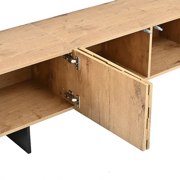 SONNENH TV-Lowboard 180 x 38,5 x 45 cm, Natur -  - TV-Schrank in heller Holzoptik mit zwei geöffneten Türen, die Staufächer und Scharniere zeigen.