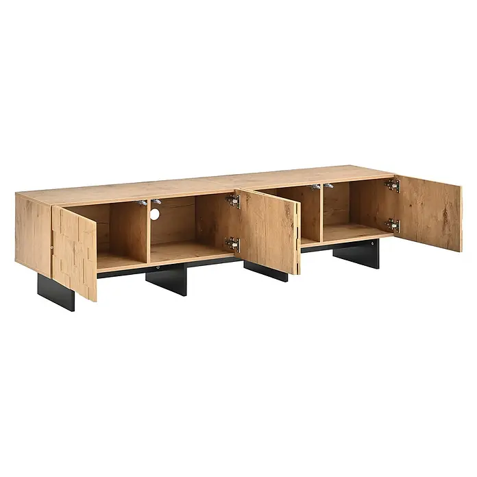 SONNENH TV-Lowboard 180 x 38,5 x 45 cm, Natur -  - Helle Holz-Medienkonsole mit offenen Fächern und Klapptüren, schwarzen Standfüßen und Kabeldurchführung.