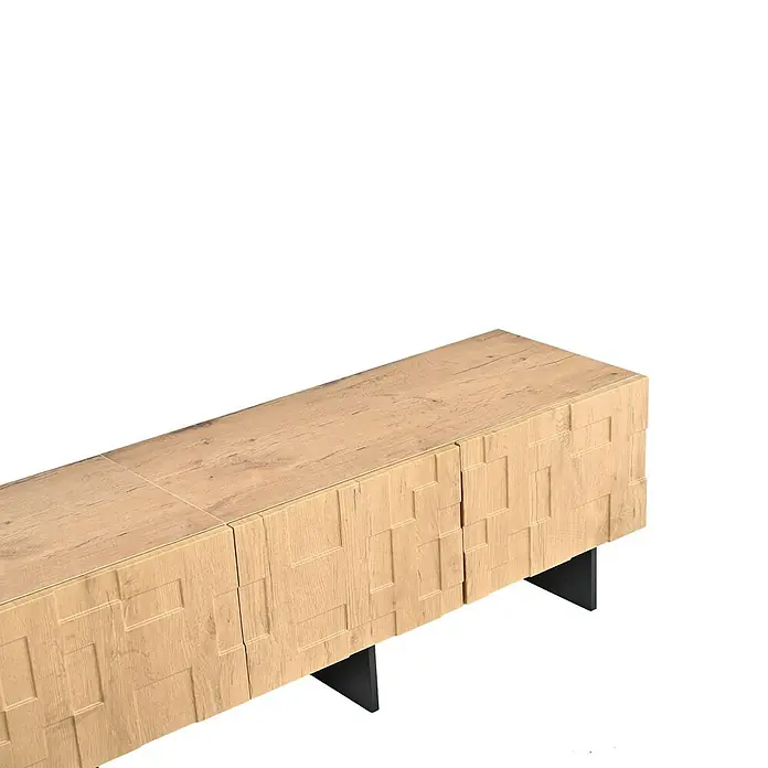 SONNENH TV-Lowboard 180 x 38,5 x 45 cm, Natur -  - Hellbraunes Holz-TV-Board/Konsole mit geometrisch strukturierter Front und schwarzen Metallfüßen.