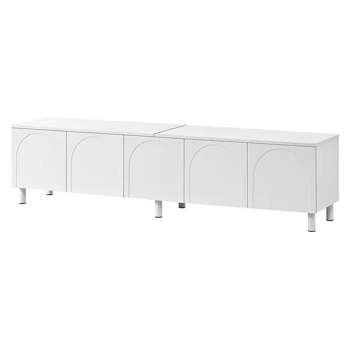 SONNENH TV-Lowboard 180 x 38 x 45 cm, Weiß -  - Weißes Sideboard mit vier Türen, die jeweils ein gewölbtes Reliefdesign aufweisen, auf weißen Beinen stehend.