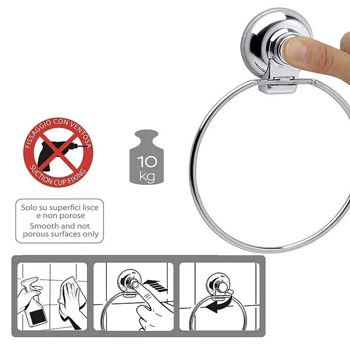 KV Verchromter Badetuchring mit Saugnapf | Menta -  - Verchromter Handtuchring mit Vakuum-Saugfixierung, 10 kg Tragkraft, Installationsschritte gezeigt.