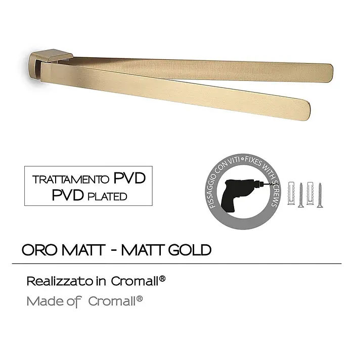 KV Schwenkbarer Handtuchhalter Wandmontage mattgold | Palazzo -  - Mattgoldener PVD-beschichteter doppelter Handtuchhalter aus Cromall®, mit Schrauben befestigt.