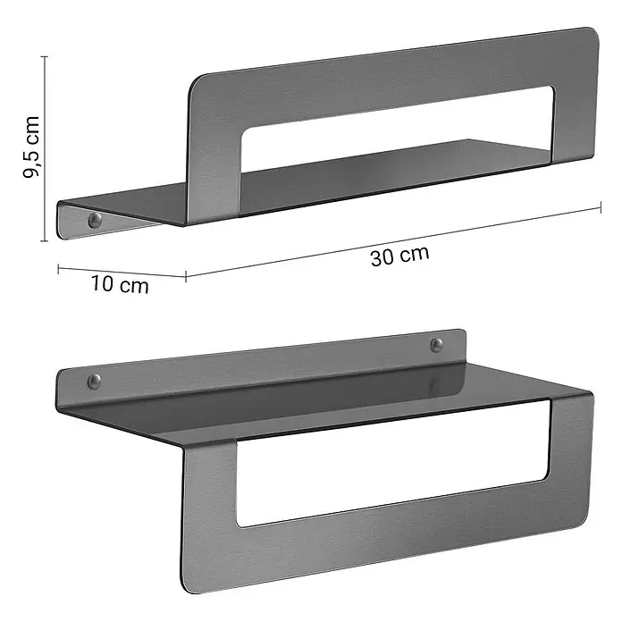 KV Duschablage mit Handtuchhalter 30 cm gun metal | Camelia -  - Graues Metall-Wandregal mit offener Vorderseite, 30 cm lang, 10 cm tief und 9,5 cm hoch.
