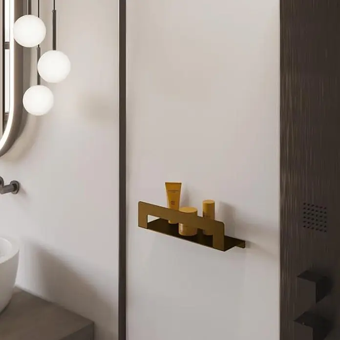 KV Duschablage mit Handtuchhalter 30 cm roségold | Camelia -  - Matte goldene Wandablage, ideal zur Aufbewahrung von Toilettenartikeln in einem modernen Badezimmer.