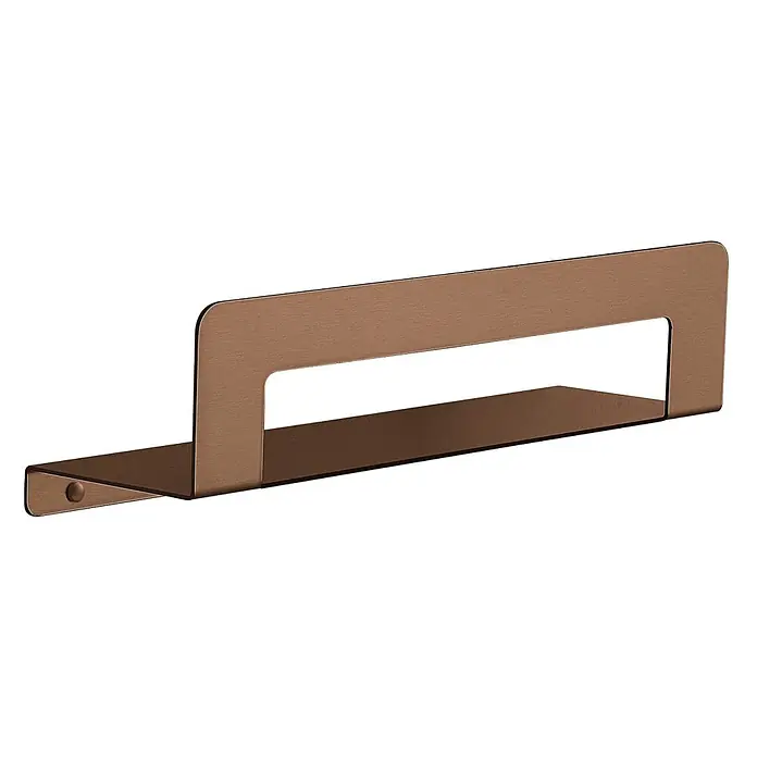 KV Duschablage mit Handtuchhalter 30 cm roségold | Camelia -  - Gebürstete bronzefarbene Metallhalterung mit L-förmigem Boden, offenem rechteckigem Oberteil und sichtbarer Befestigungsschraube.