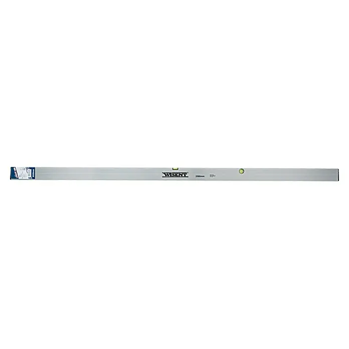 Wisent Aluminium-AbziehlatteLänge: 250 cm, Anzahl Libellen: 2 Stk. - Das Bild zeigt eine lange, silberne Wasserwaage mit grünen Libellen und dem Schriftzug "WISENT". Ideal zum präzisen Ausrichten bei Bauarbeiten.