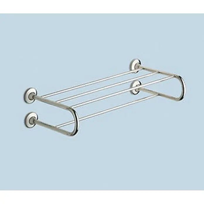 KV Doppelte Handtuchablage aus verchromten Messing -  - Wandmontierter Handtuchhalter aus poliertem Metall mit zwei Stangen und Ablage.