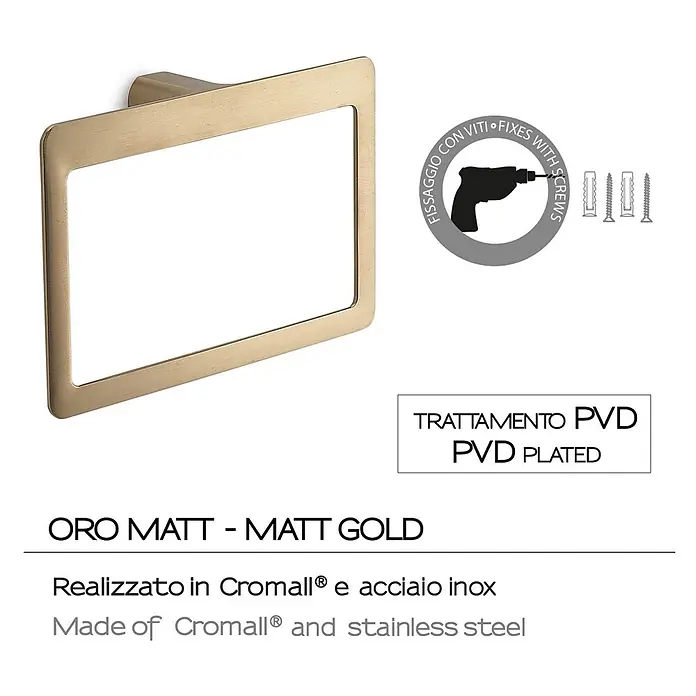 KV Handtuchring zur Wandmontage, mattgold, Serie Palazzo -  - Mattgoldener rechteckiger Handtuchring aus Cromall® und Edelstahl, PVD-beschichtet, zur Schraubbefestigung.