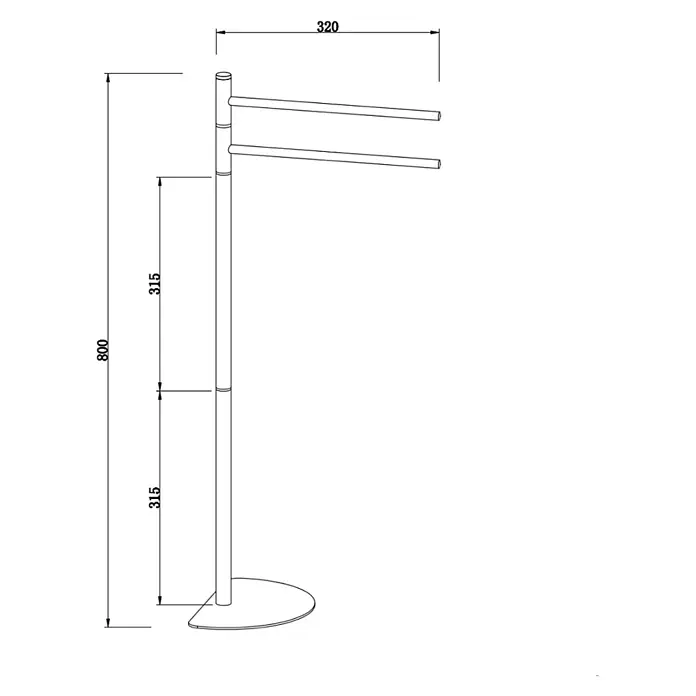 KV Verchromter 2-armiger Handtuchständer mit halbrunder Standfläche -  - Stehender Handtuchhalter mit zwei schwenkbaren Armen und halbrunder Basis, Bemaßung (800 mm hoch, 320 mm breit).