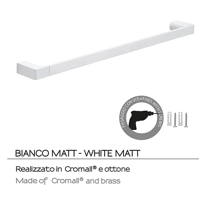KV Mattweißer Badetuchhalter 60cm, Wandmontage | Giacinto -  - Weiß matte Handtuchstange aus Cromall und Messing, mit Schrauben befestigt. Inkl. Dübel und Schrauben.