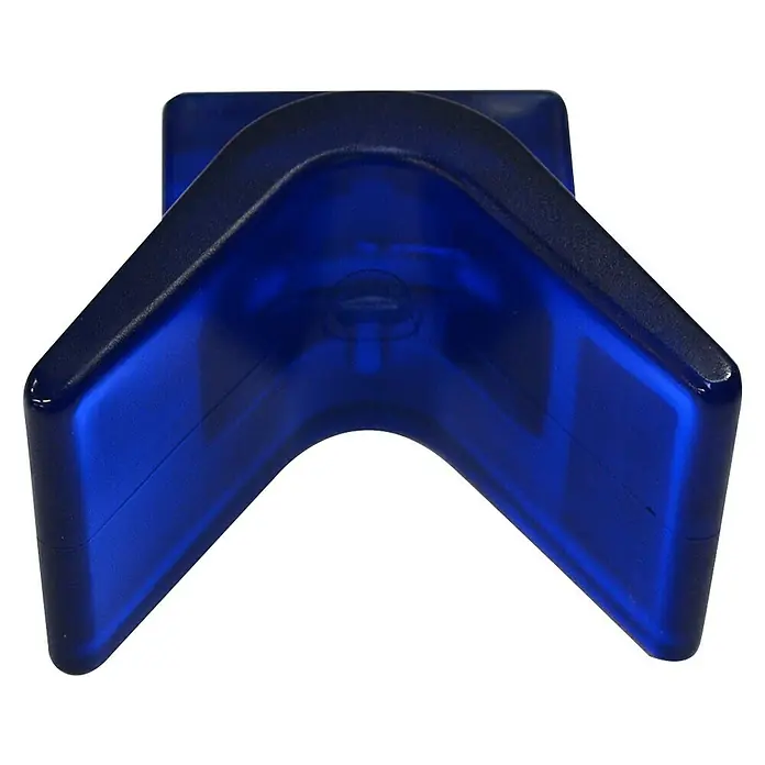 V-Block-Bugauflage - Schenkellänge: 75 mm, Befestigungsbreite: 75 mm, Polyvinyl, Blau - Nahaufnahme eines blauen, transparenten Eckenschutzes.